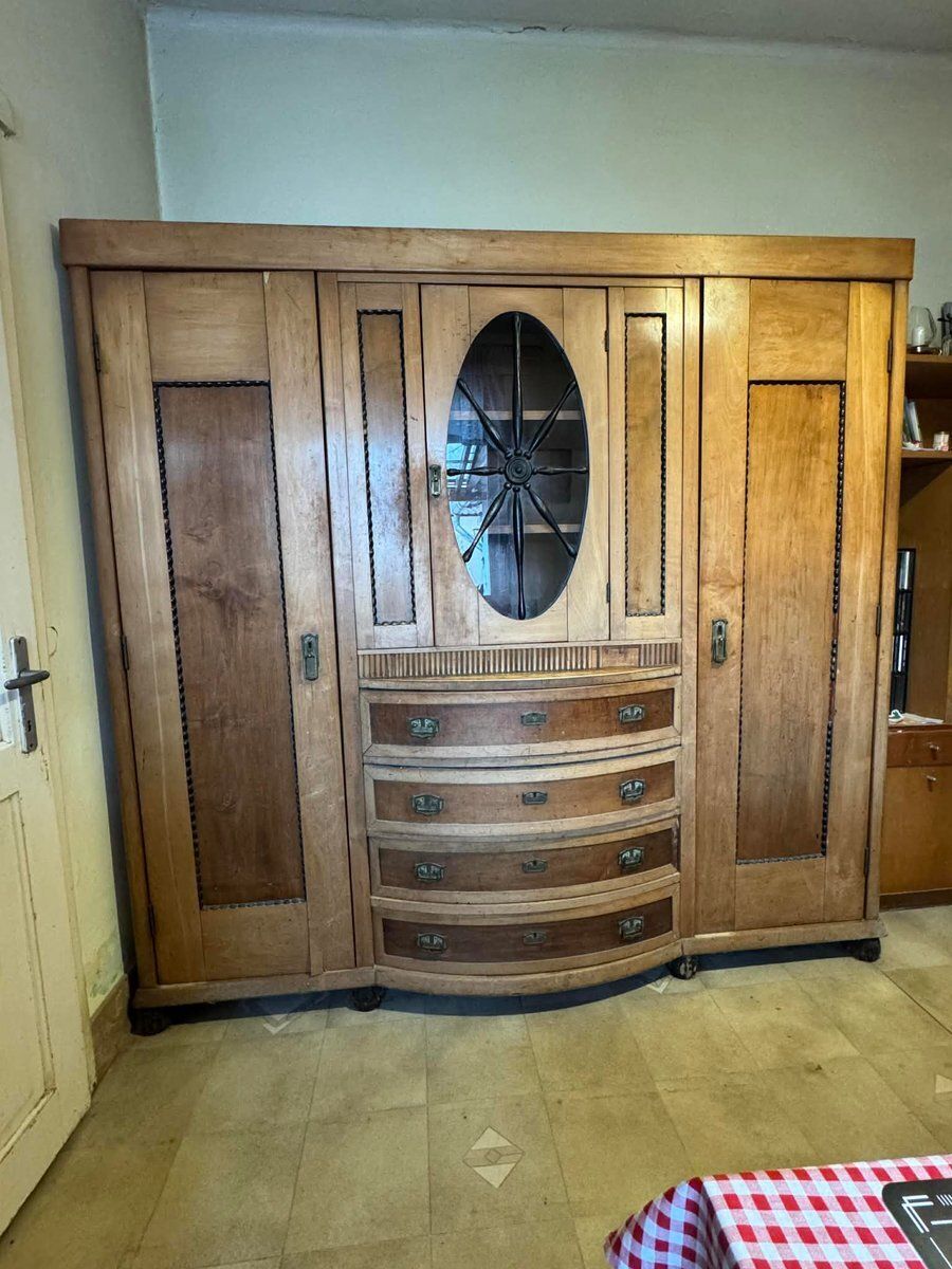 Art Deco houten kast met ovaal glasvenster en lades, jaren 1930