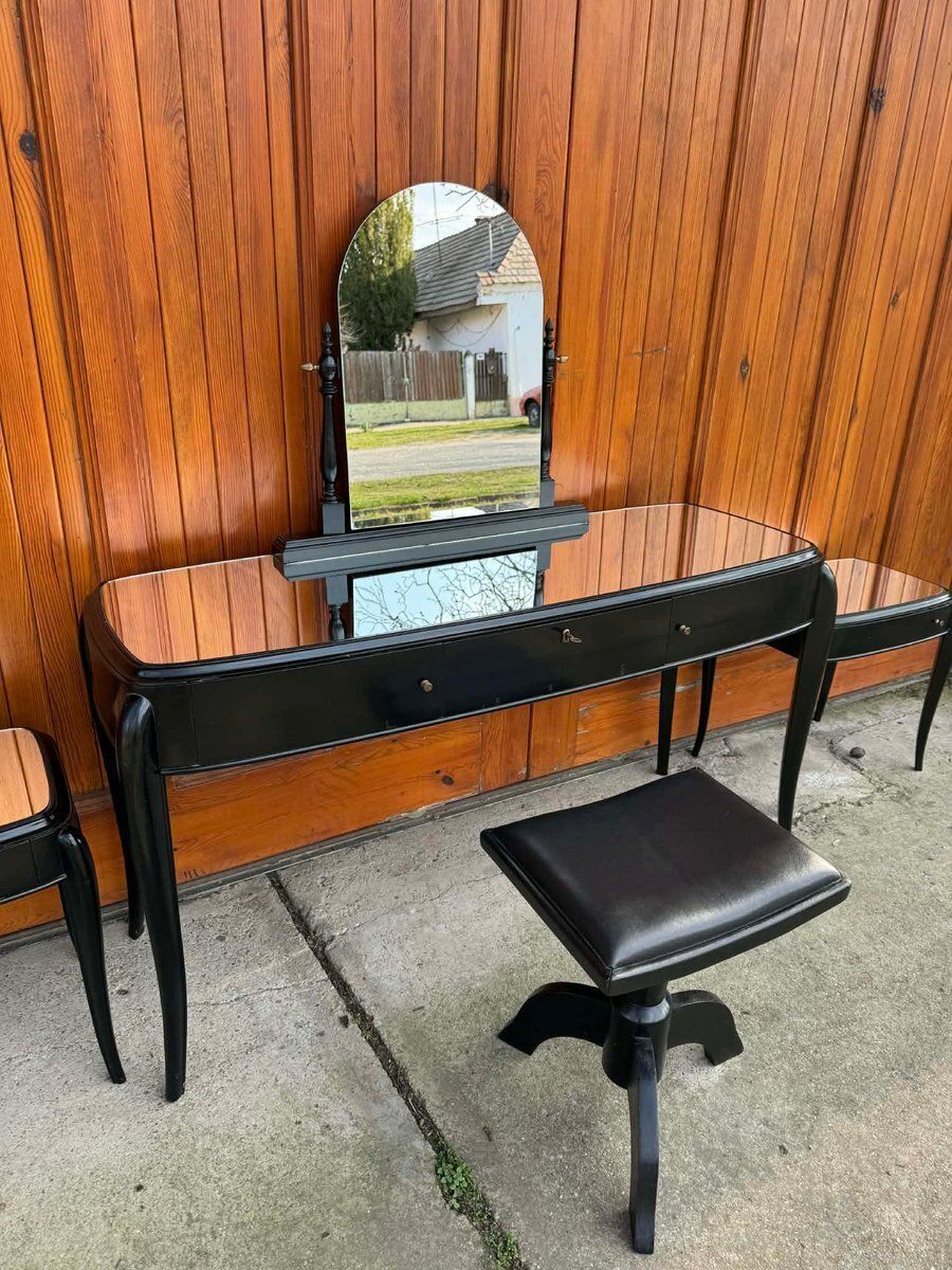Art Deco French Black Dressing Table, Chair & Nightstands, Set Of 4 photo for sale