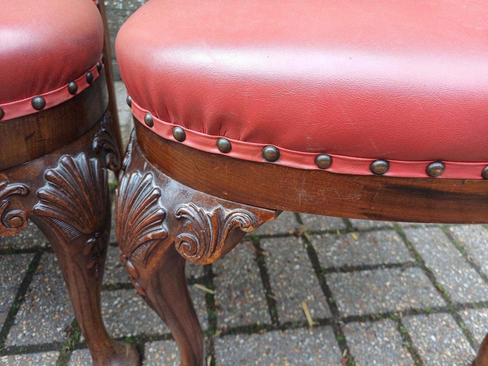 photo for sale Set Of 6 Imposing Antique Style Mahogany Dining Chairs Queen Anne Chippendale Carvers Carved Cabriole Legs Red Seats