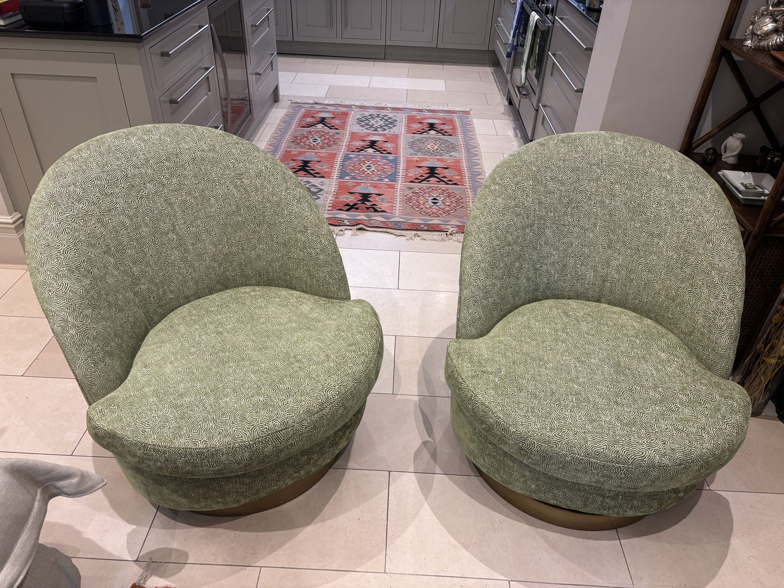 Matching Pair Green Upholstered Swivel Tub Armchairs