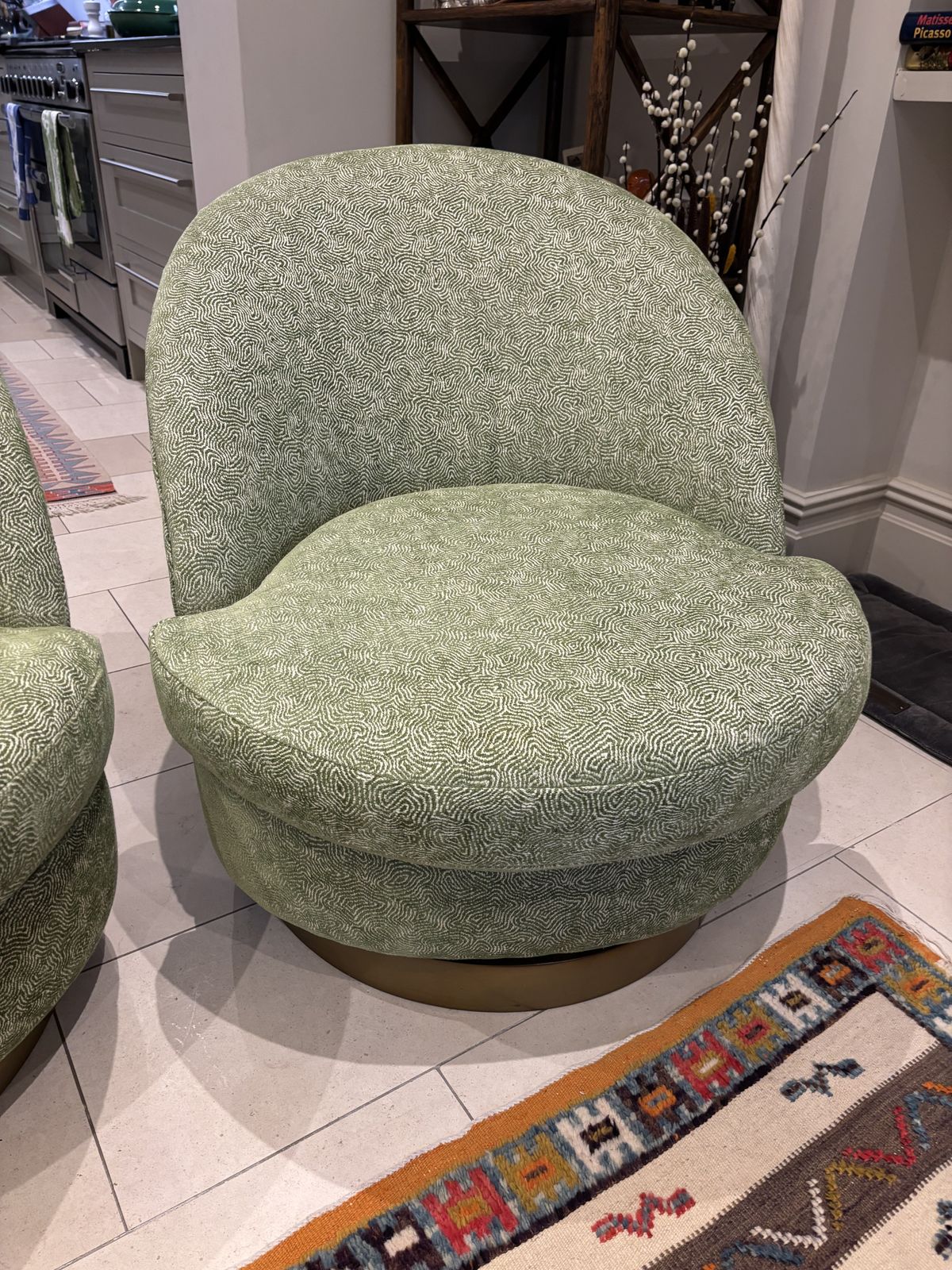 Matching Pair Green Upholstered Swivel Tub Armchairs photo Furniture