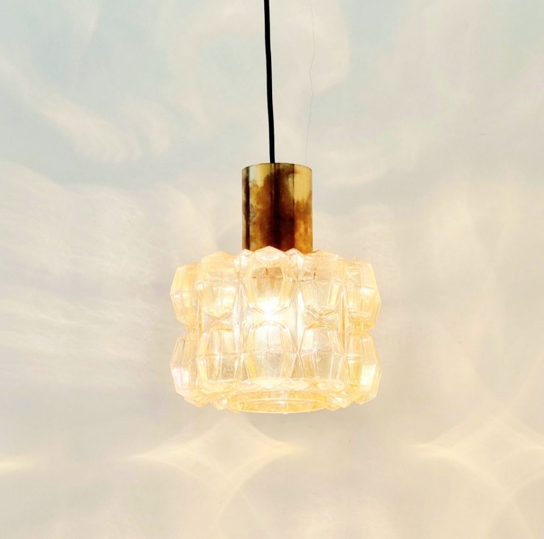 Mid-Century Amber Diamantglas & Messing Hanglamp van Helena Tynell voor Limburg, Duitsland, jaren 1960 photo vinterior