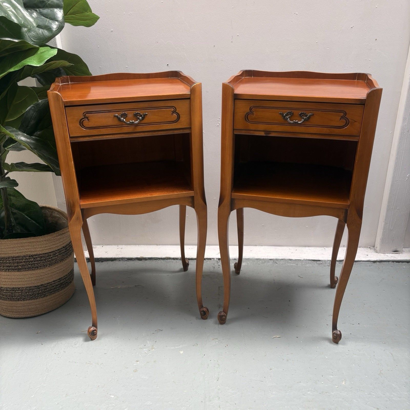Pair 1950s French Cherrywood Louis XV Style Bedside Nightstands Chevets