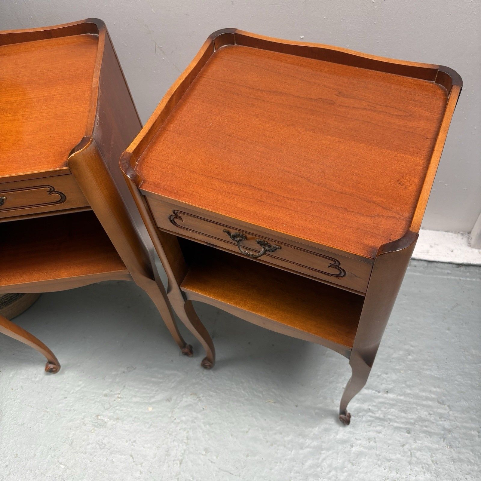 Pair 1950s French Cherrywood Louis XV Style Bedside Nightstands Chevets photo buy