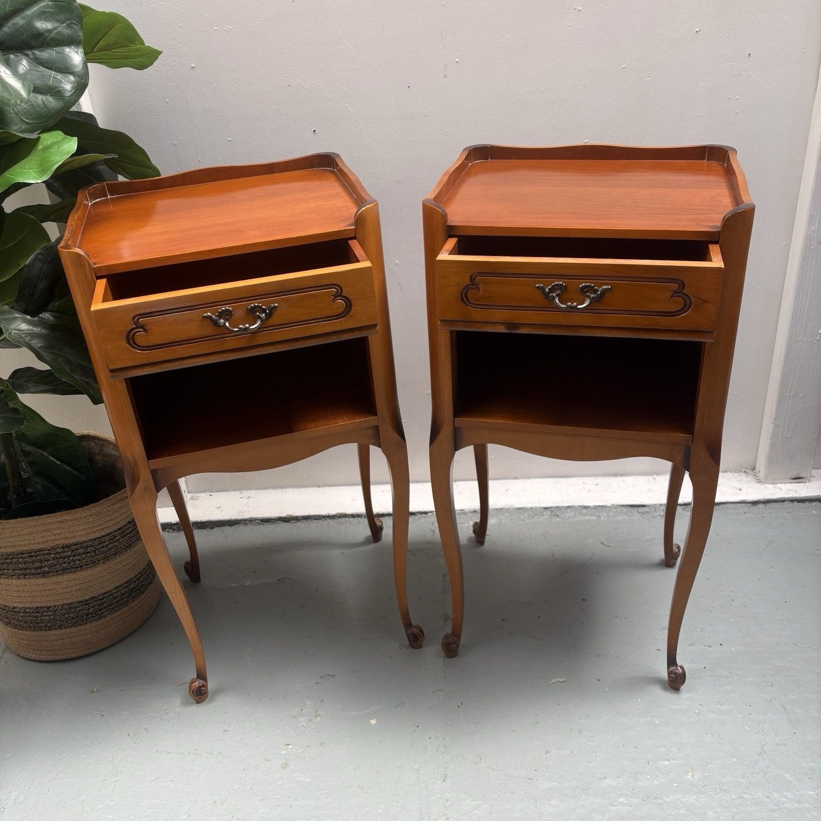 photo furniture Pair 1950s French Cherrywood Louis XV Style Bedside Nightstands Chevets
