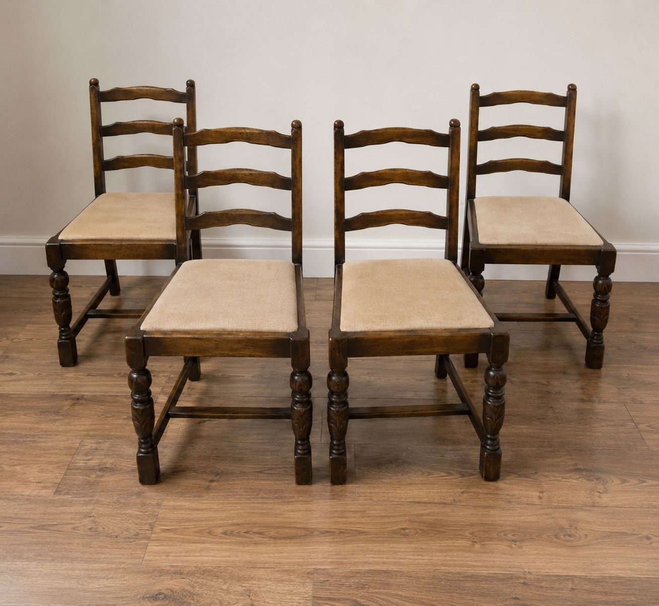 Set 4 Oak Farmhouse Dining Chairs Ladder Back Rustic Country Kitchen Chairs