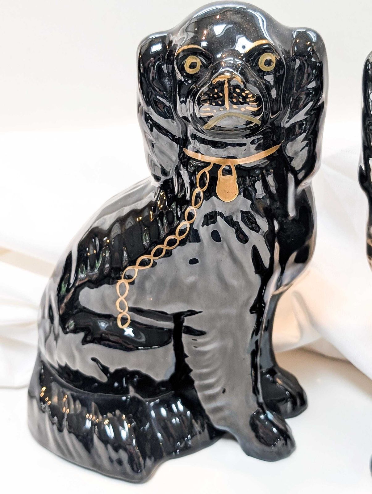 Staffordshire Pottery Mantle Black Jackfield Spaniel Dogs Pair photo for sale