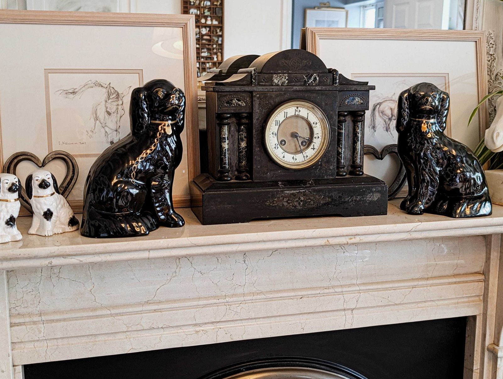 photo for sale Staffordshire Pottery Mantle Black Jackfield Spaniel Dogs Pair