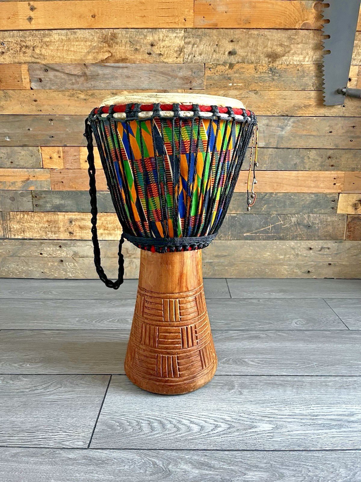 Large 22” Vintage African Djembe Drum Carved Wood Kente Rope Tuned Percussion