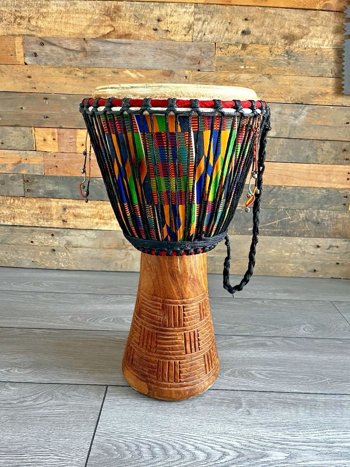 Large 22” Vintage African Djembe Drum Carved Wood Kente Rope Tuned Percussion photo vintage