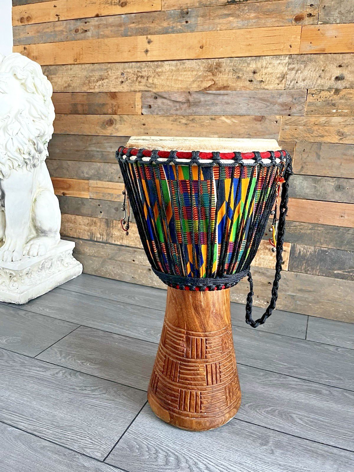 photo vintage Large 22” Vintage African Djembe Drum Carved Wood Kente Rope Tuned Percussion