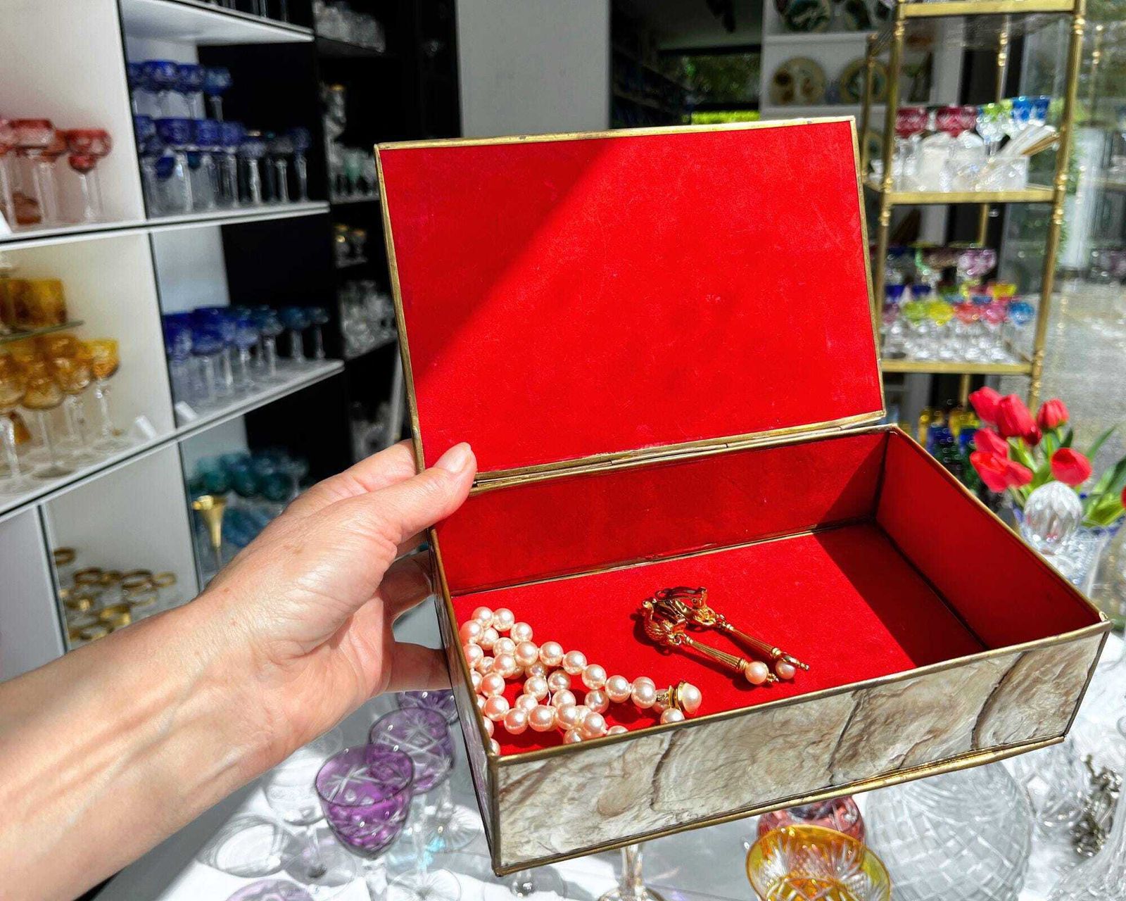 Mother Of Pearl Jewelry Box | Brass Trim | Trinket Box photo furniture