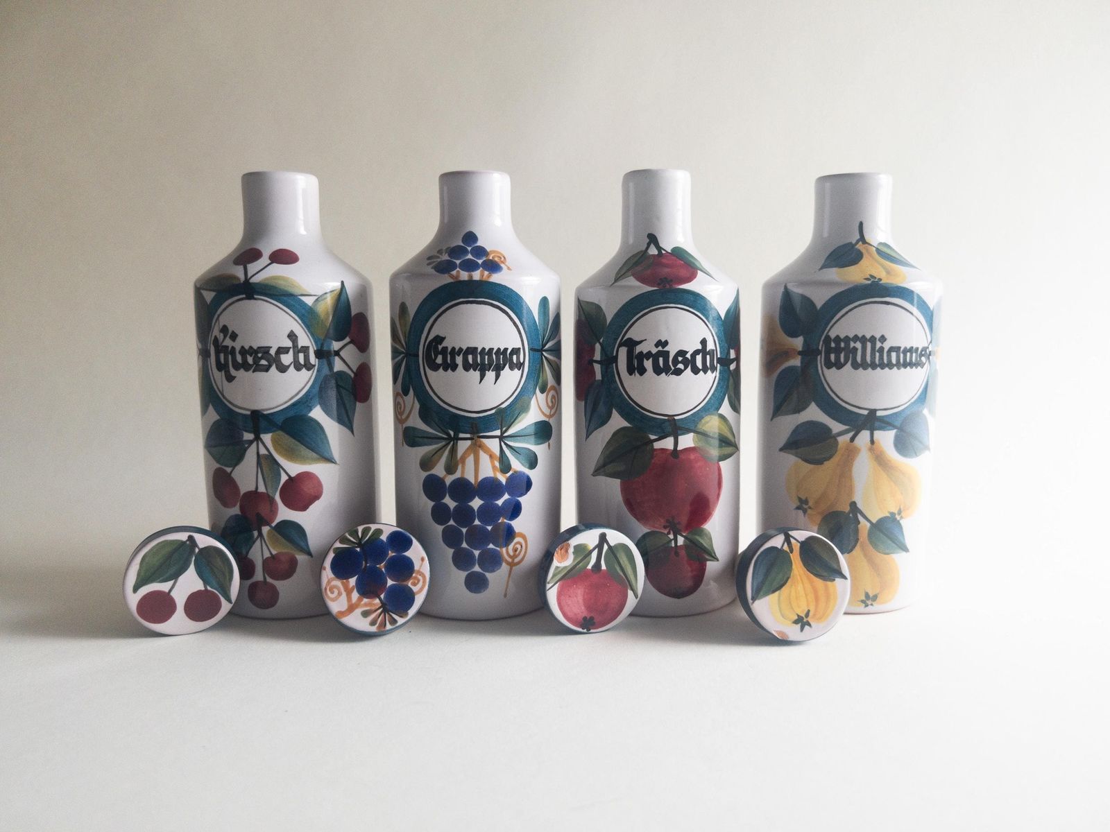 Set Of 4 Liquor Ceramic Bottles By Luzerner Keramik   Spirits Flask With A Cork Stopper   Made In Switzerland photo for sale