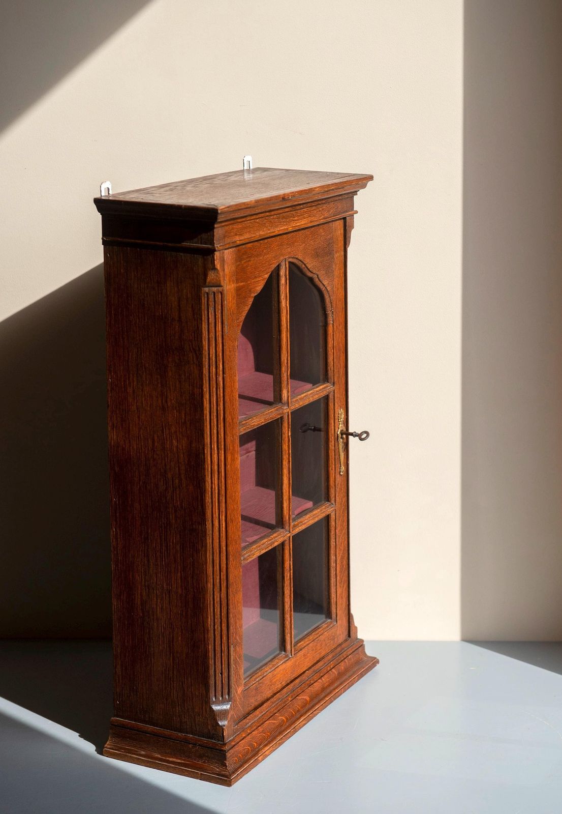 Antique Oak Wall Cabinet   Glass Door Bathroom Cabinet With Lock   Small Display Case photo furniture