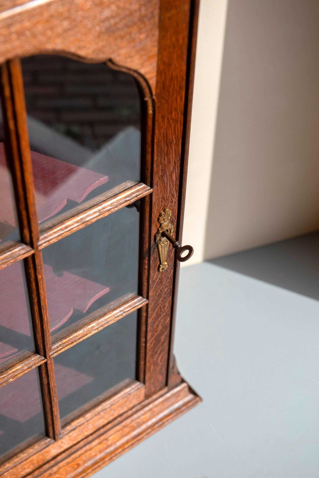 Antique Oak Wall Cabinet   Glass Door Bathroom Cabinet With Lock   Small Display Case photo for sale