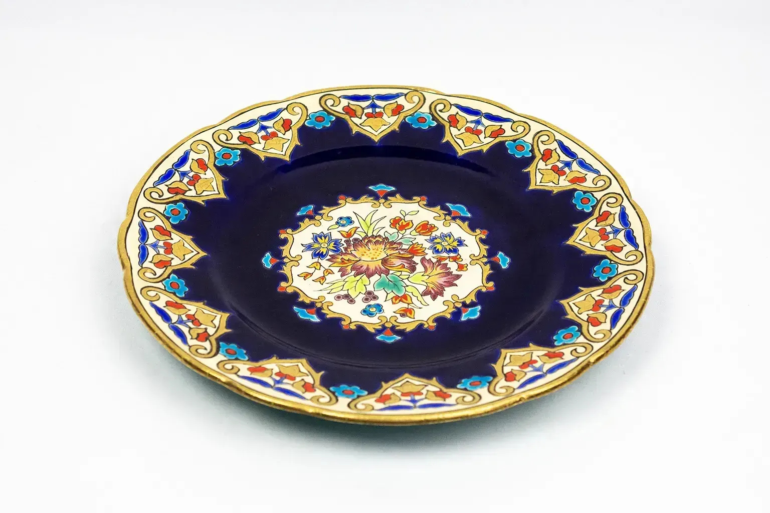 "Renaissance" Plate, Polychrome Floral Decoration On A Sèvres Blue Ground, Highlighted In Gold, Design By Mp Chevallier photo for sale