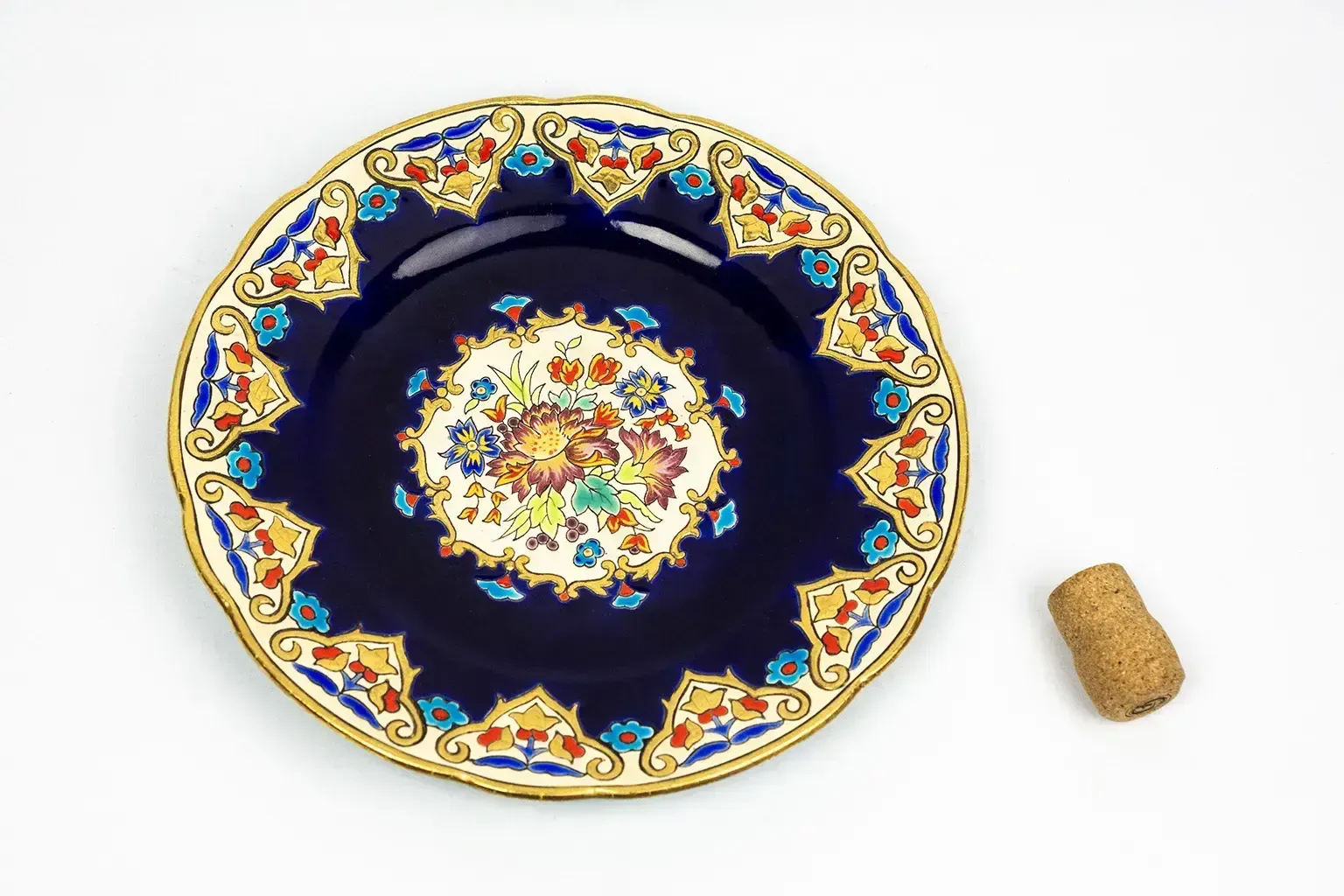 "Renaissance" Plate, Polychrome Floral Decoration On A Sèvres Blue Ground, Highlighted In Gold, Design By Mp Chevallier photo vintage