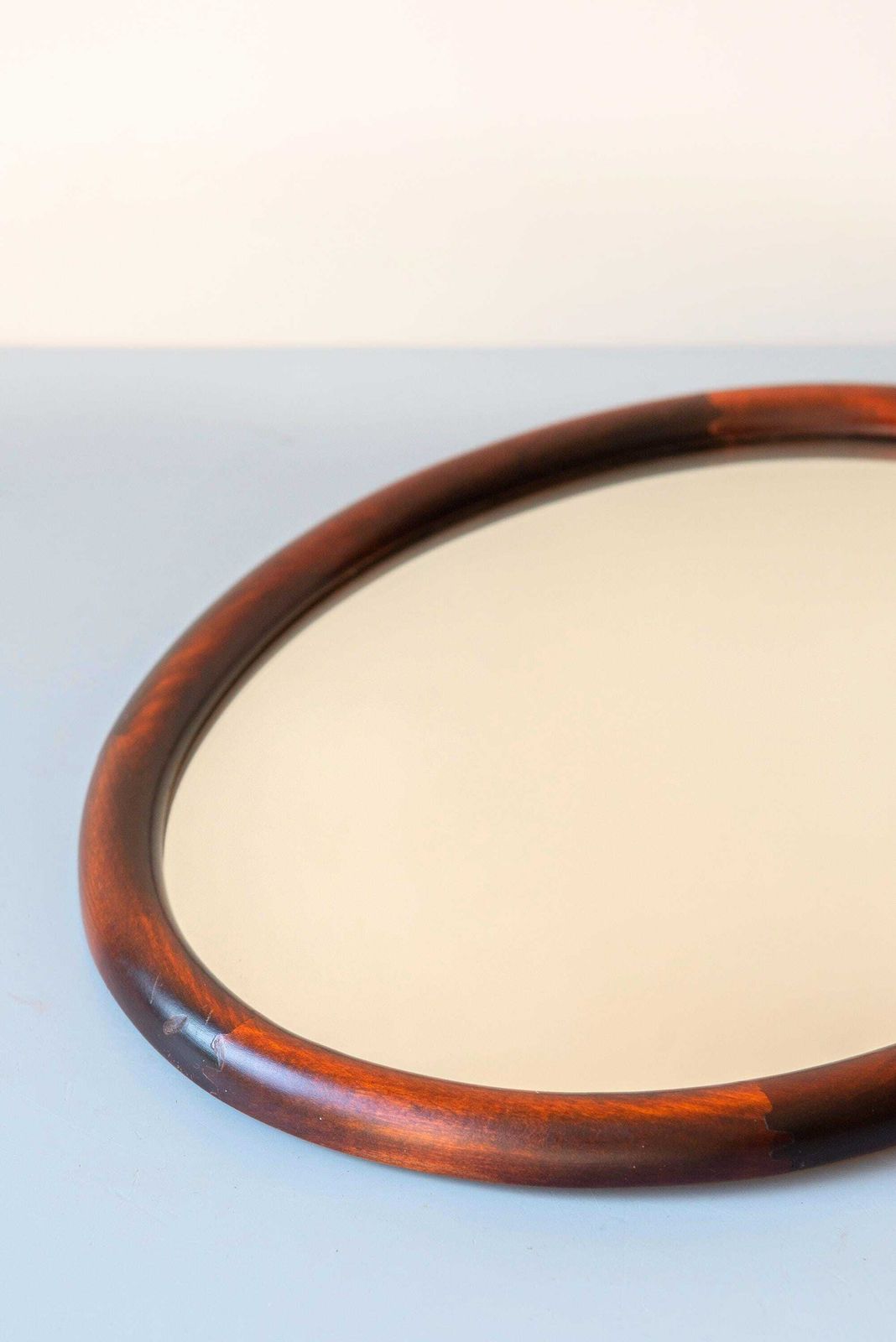 photo for sale Vintage Mahogany Oval Wall Mirror   Small Wooden Dutch Mirror   Mid Century Hallway Mirror