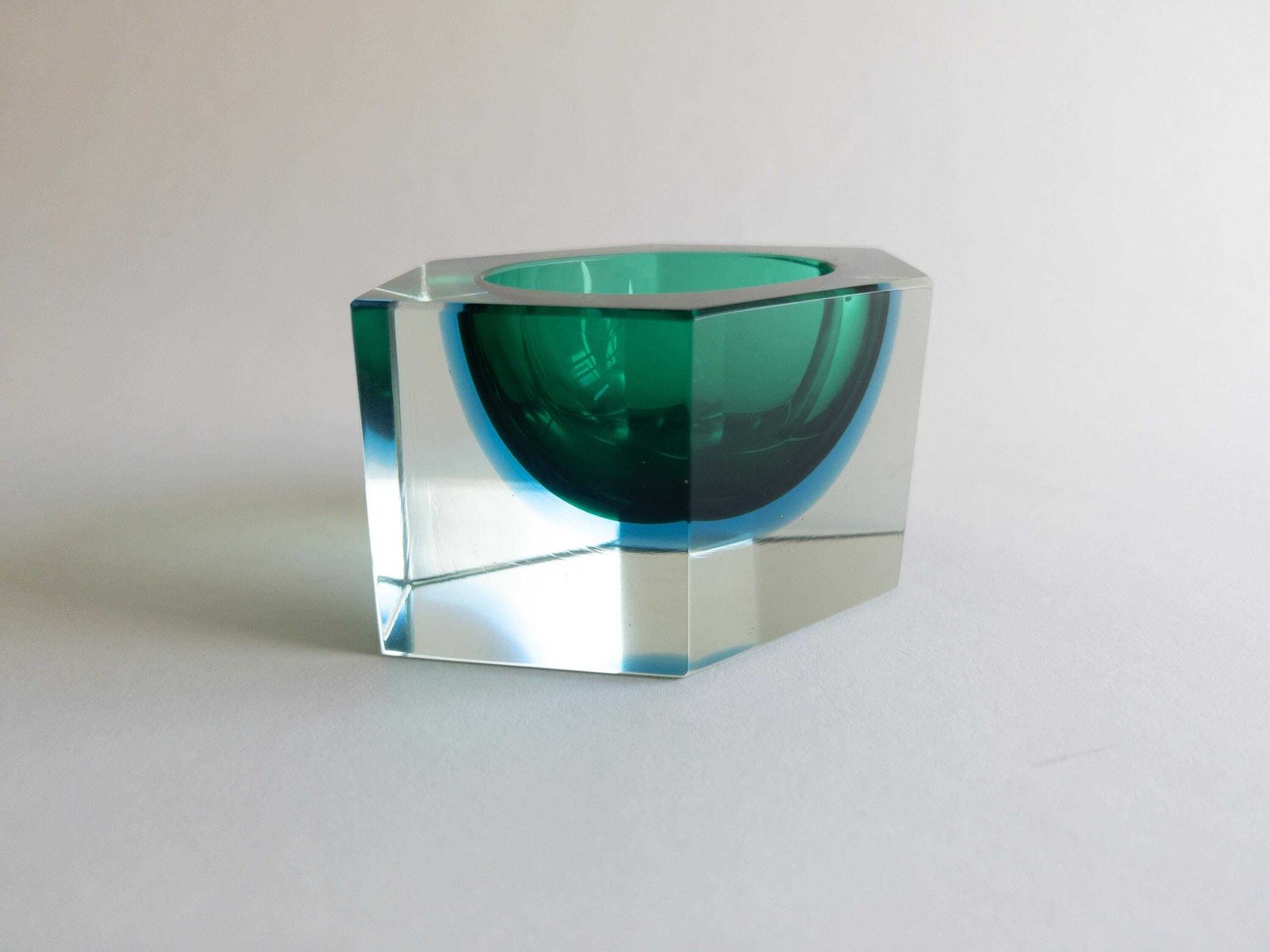 photo for sale Murano Sommerso Hexagon Bowl   Italian Blue And Green Faceted Block Art Glass