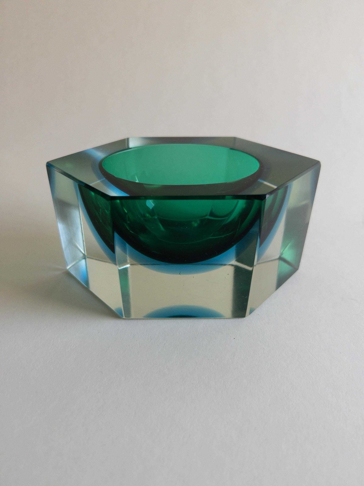 photo buy Murano Sommerso Hexagon Bowl   Italian Blue And Green Faceted Block Art Glass