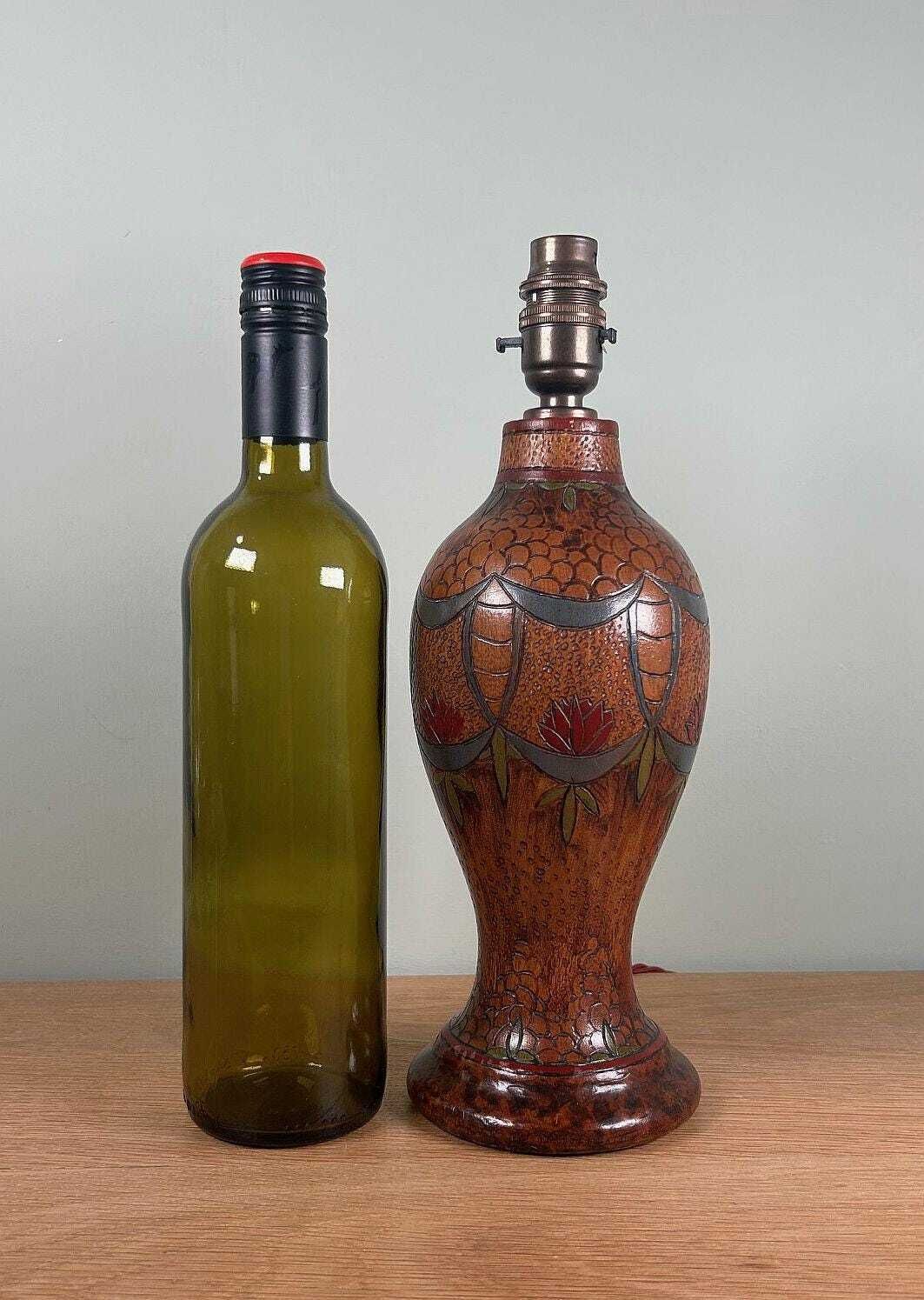 Vintage Art Deco Turned Wooden Table Lamp Base Hand Painted Pokerwork C1930s photo 145.0