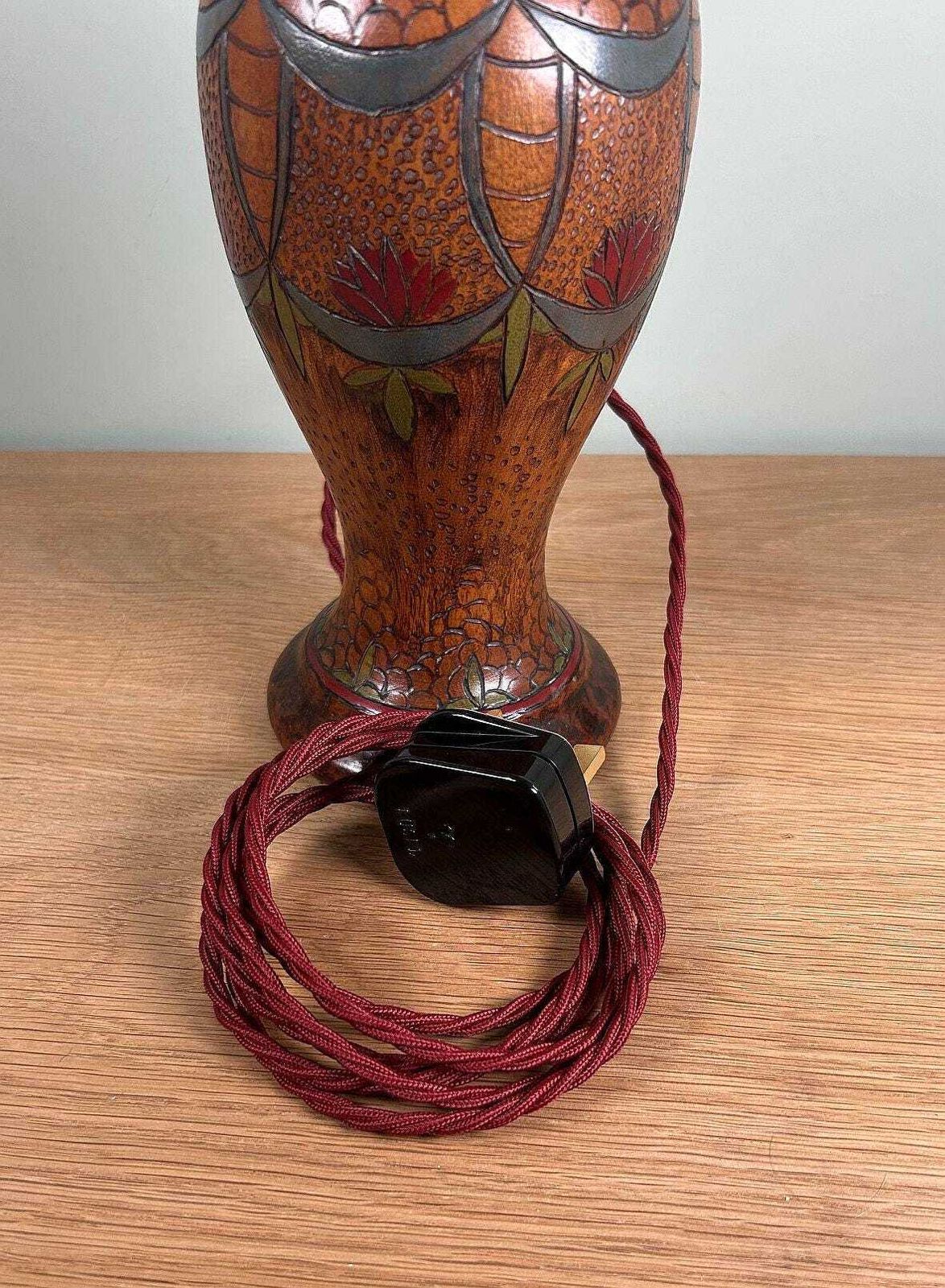 photo furniture Vintage Art Deco Turned Wooden Table Lamp Base Hand Painted Pokerwork C1930s