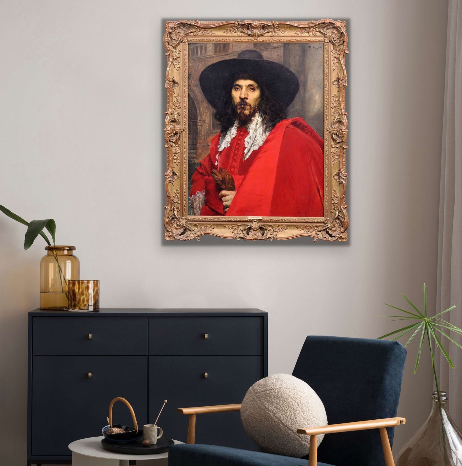 photo for sale Ferdinand Victor Leon Roybet 1840 tot 1920. Frans. Le Mousquetaire. De Musketier. Ingelijst cavalierportret, olieverfschilderij, ca. 1880.