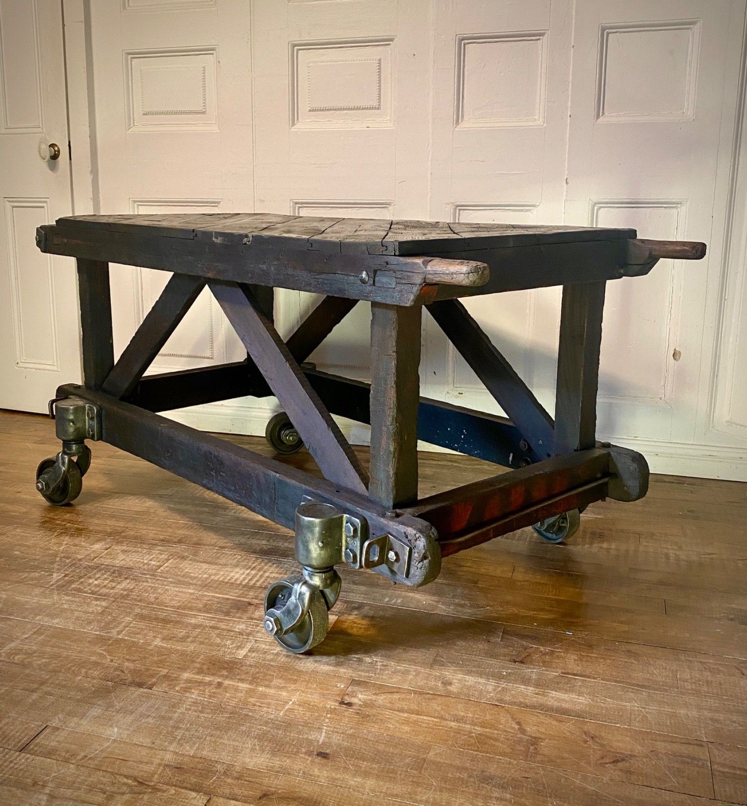 Vintage Antique Industrial Factory Trolley Table Cart. Mahogany Frame On Castors photo for sale