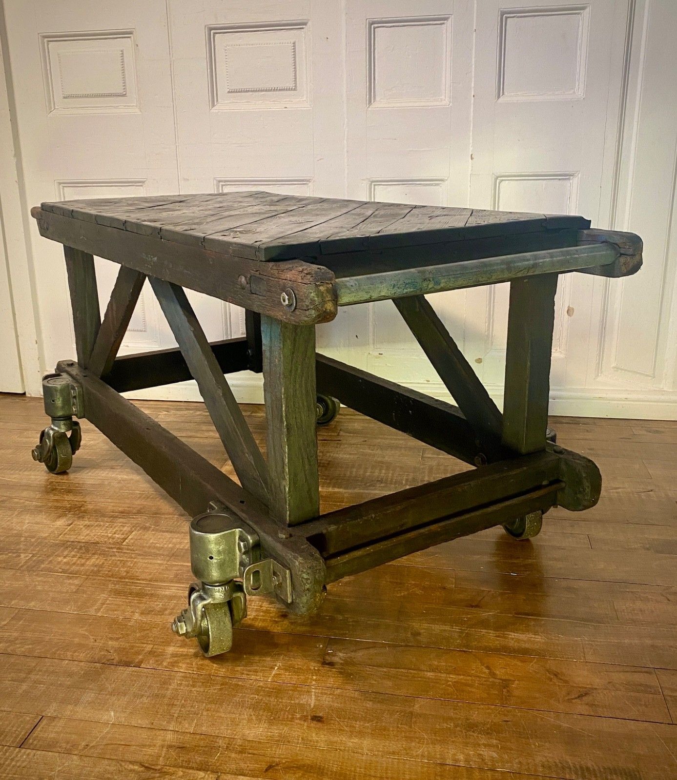 Vintage Antique Industrial Factory Trolley Table Cart. Mahogany Frame On Castors photo vintage