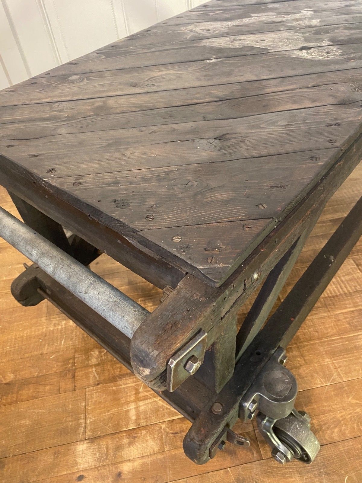 photo buy Vintage Antique Industrial Factory Trolley Table Cart. Mahogany Frame On Castors
