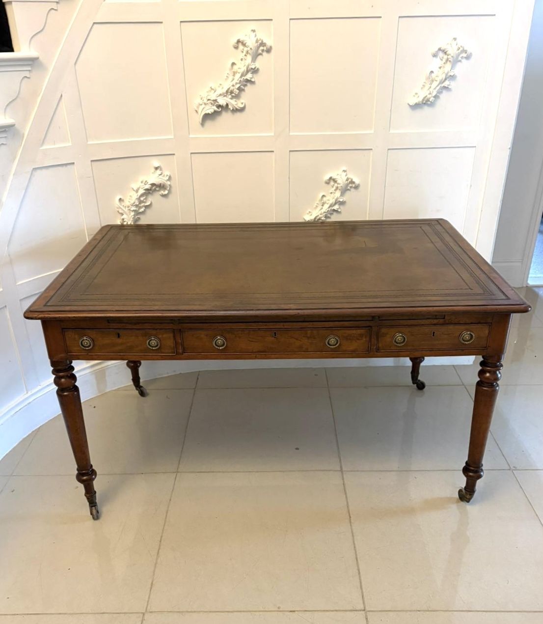 Antique Early 19th Century Mahogany Partners Library Writing Desk With Leather Slide
