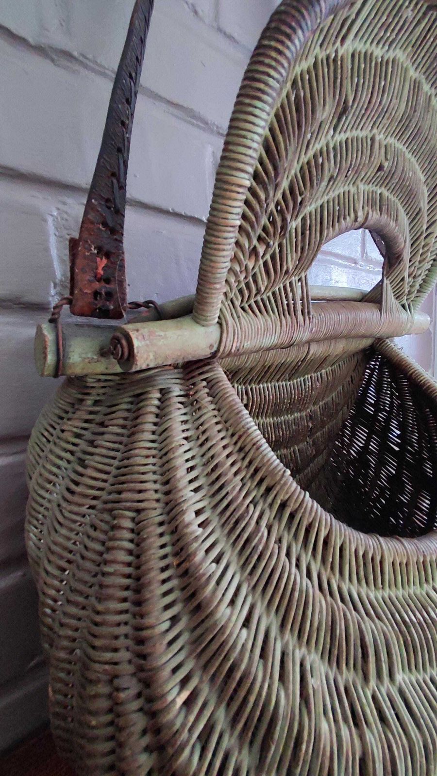 photo furniture Antique French Fishing Basket Rustic Wicker Creel And Leather Strap