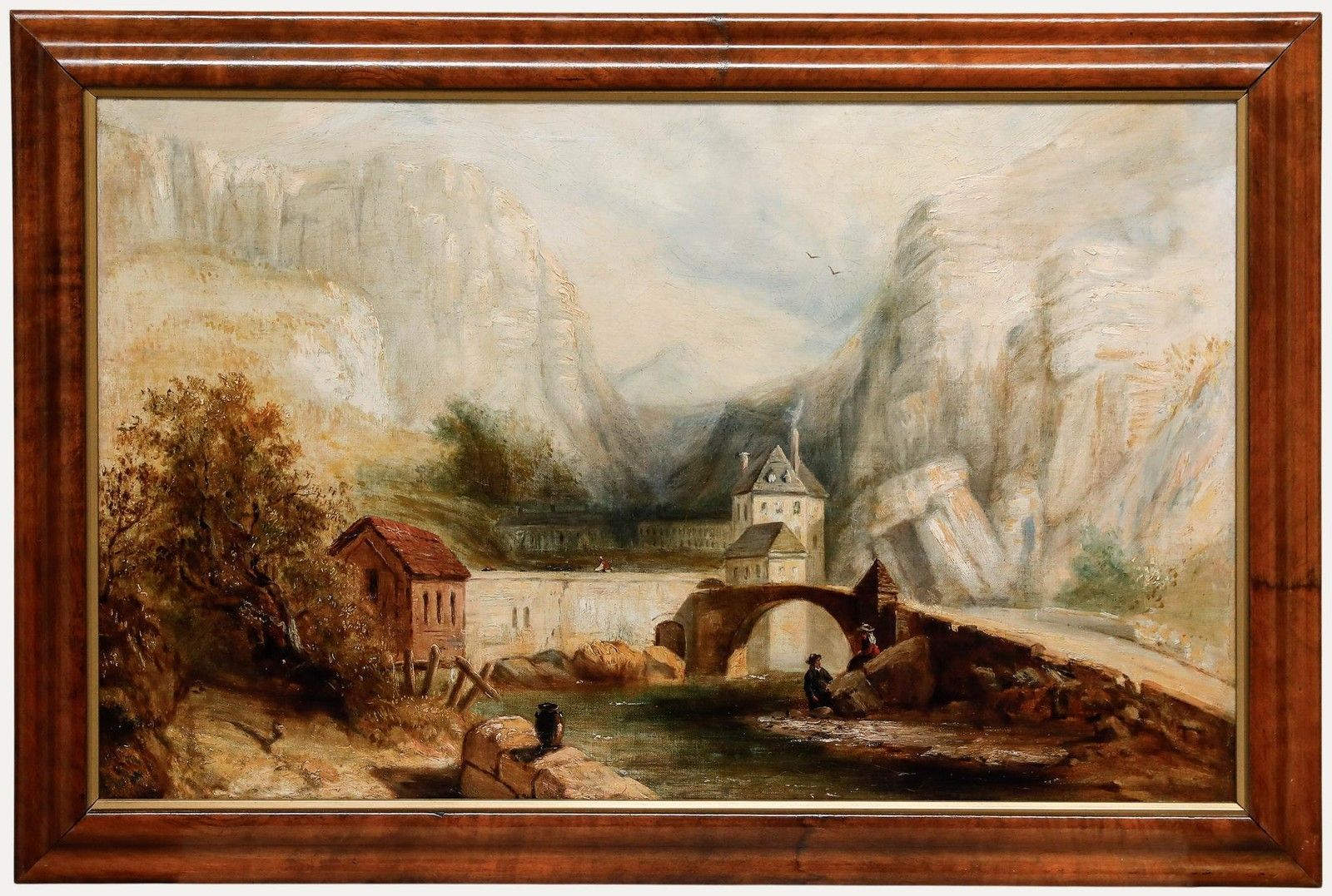 Framed 19th Century Oil Tyrol Valley Landscape With Figures