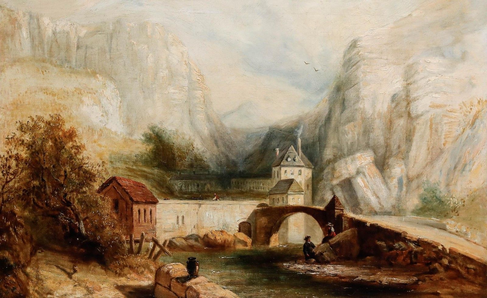 Framed 19th Century Oil Tyrol Valley Landscape With Figures photo furniture
