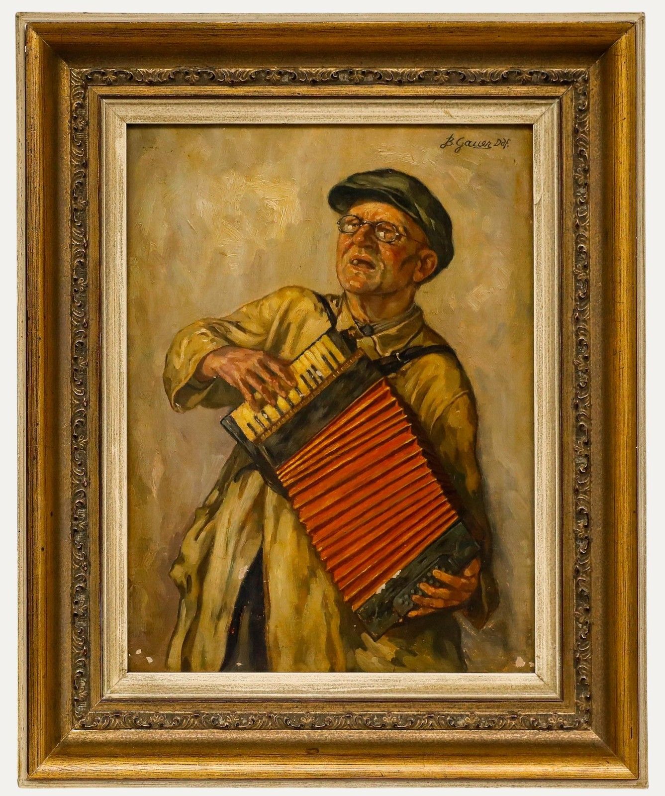 Bernhard Gauer (1882 1955) Framed Mid 20th Century Oil, Accordion Player