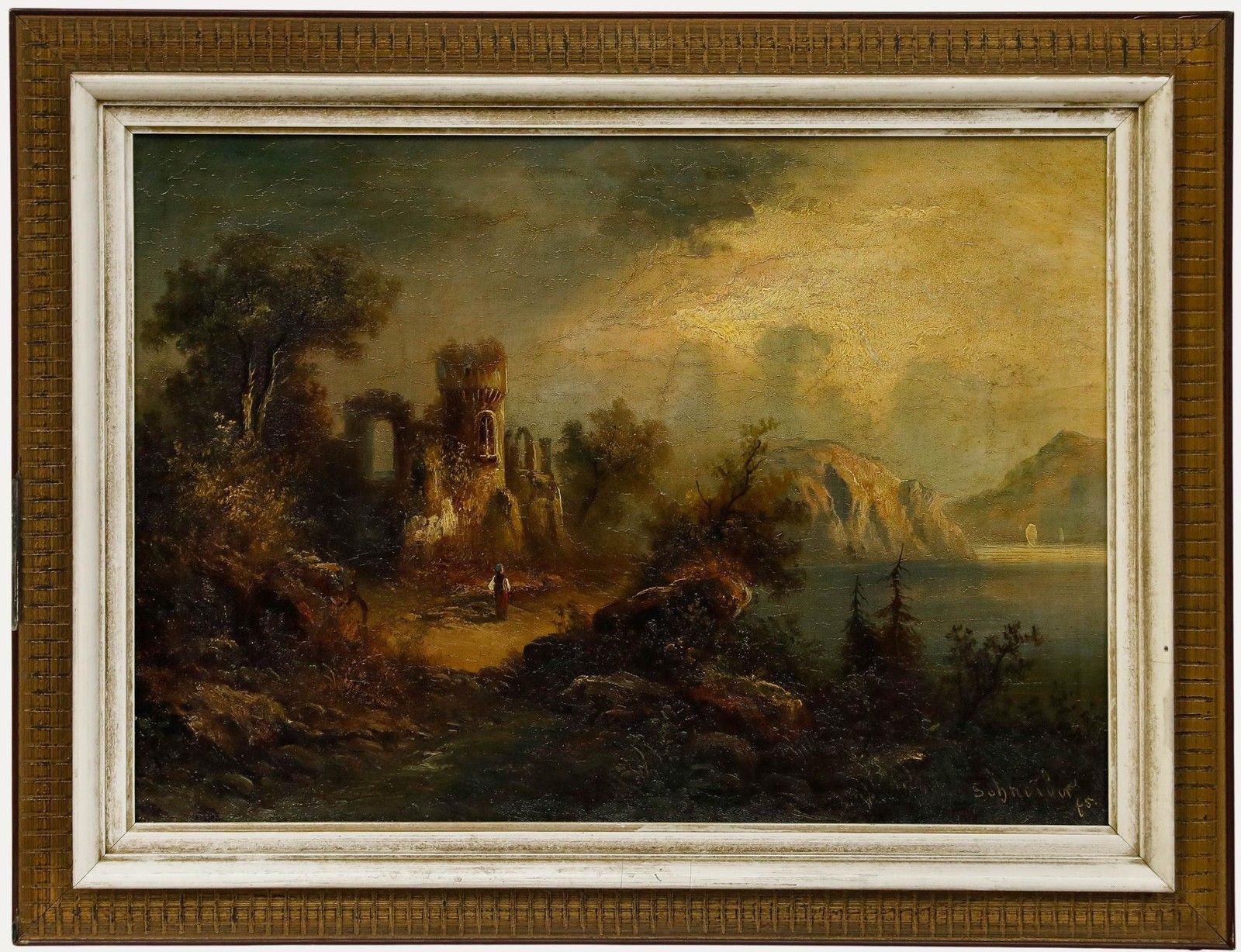 Hermann Schneider (1847 1918) 1875 Oil, Castle Ruins At Sunset