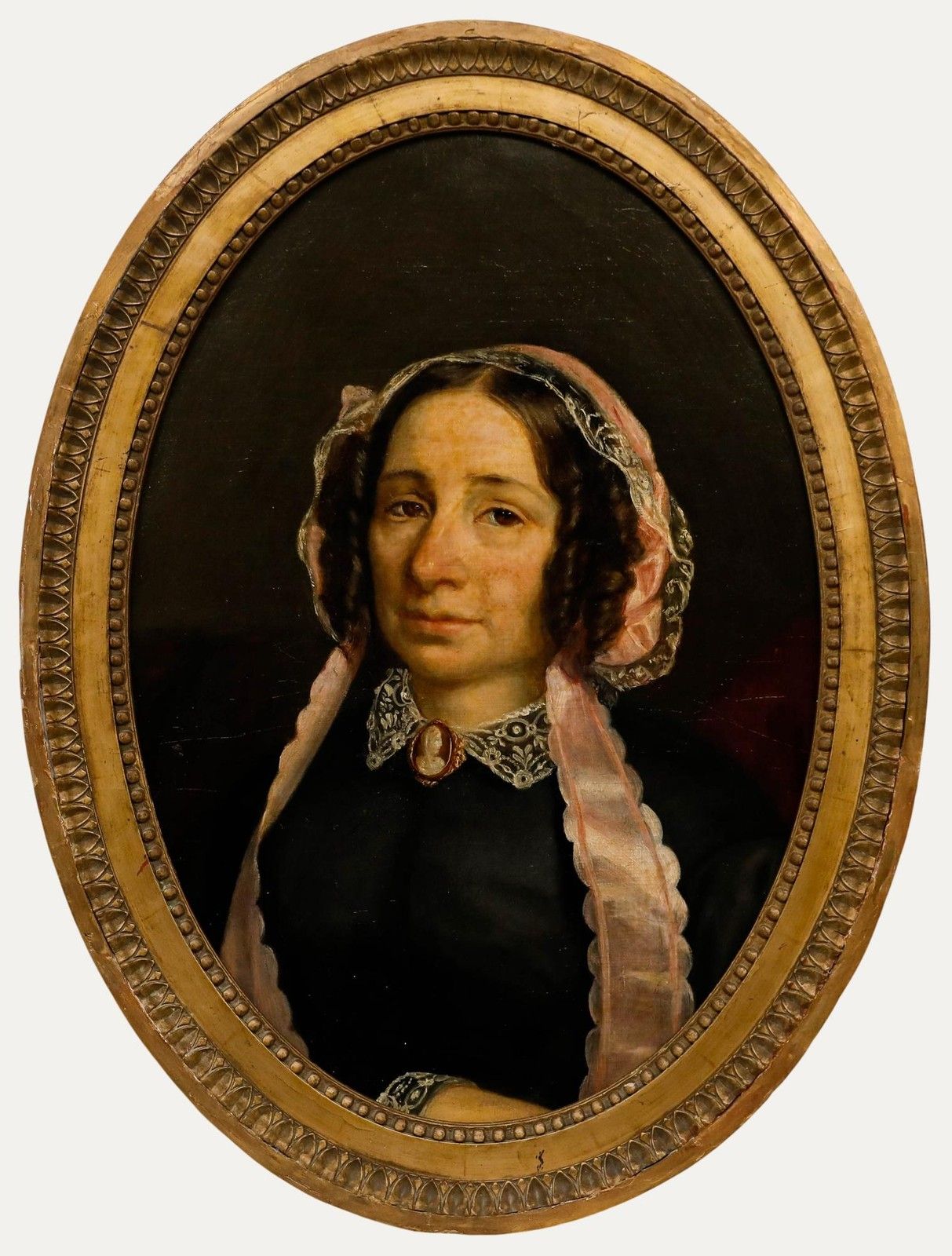 French School Mid 19th Century Oil Lady With Cameo