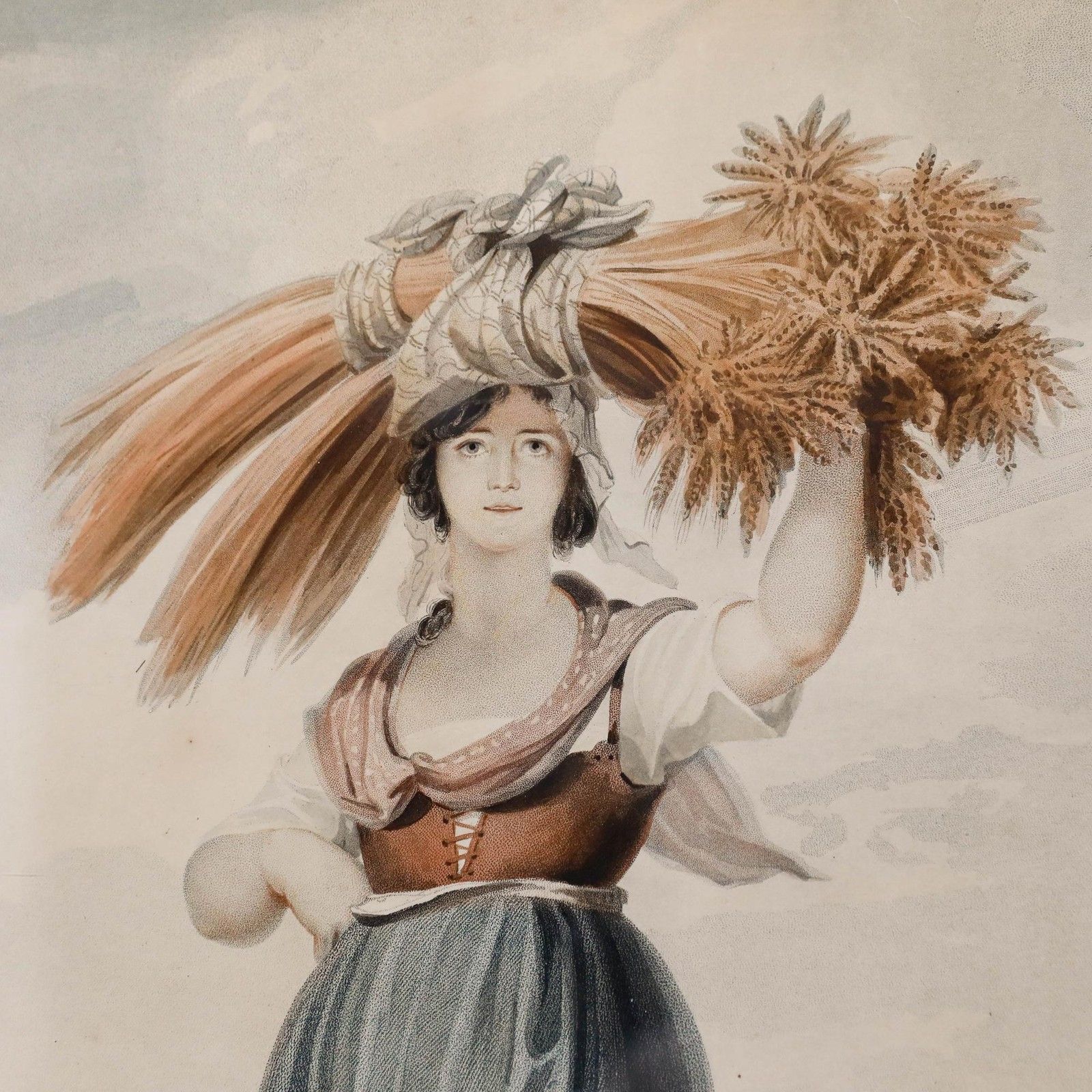 Framed 19th Century Aquatint Collecting The Harvest photo for sale