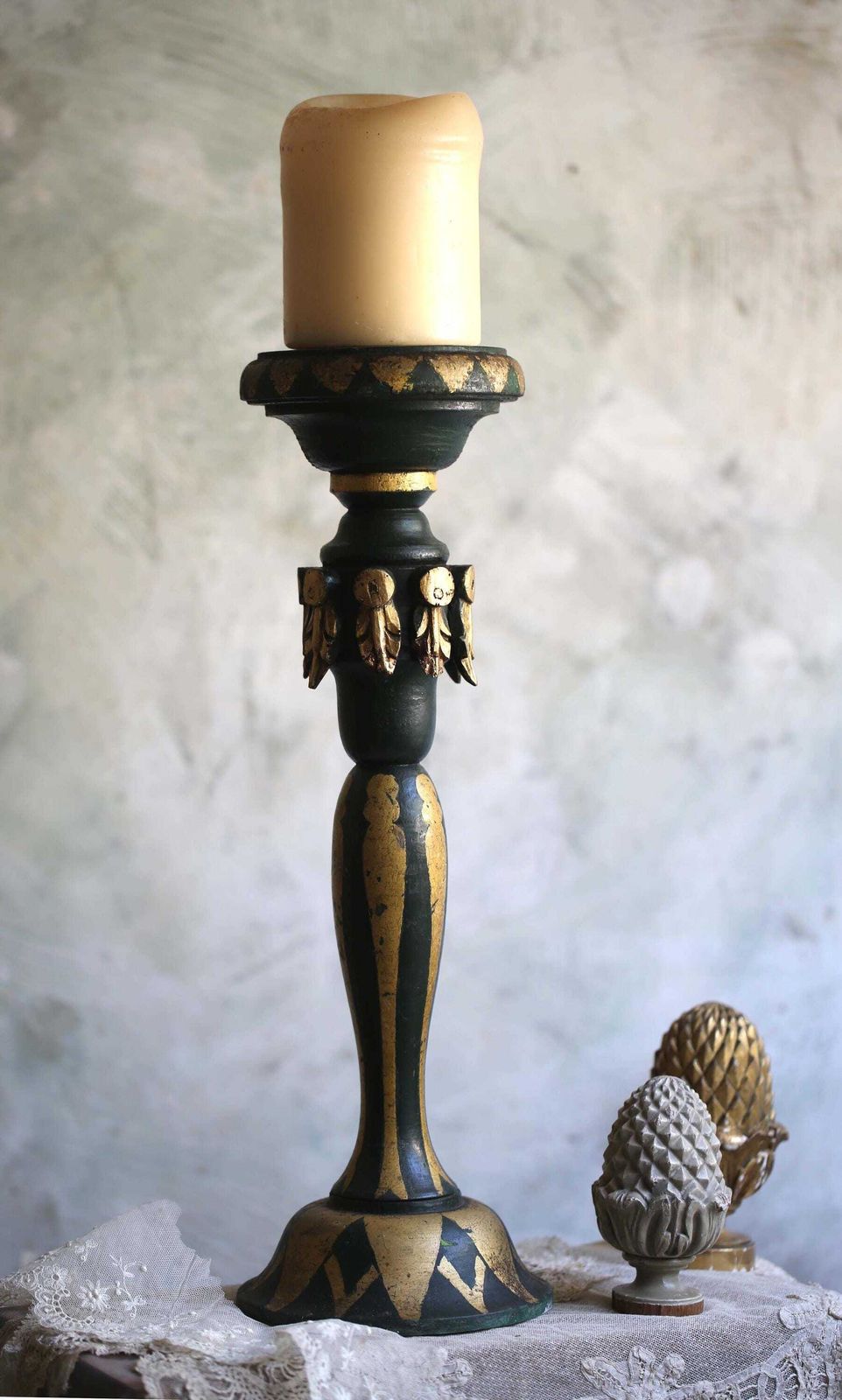 Antique Pedestal Green And Gold Painted Column Wooden Statue Stand photo Home Decor