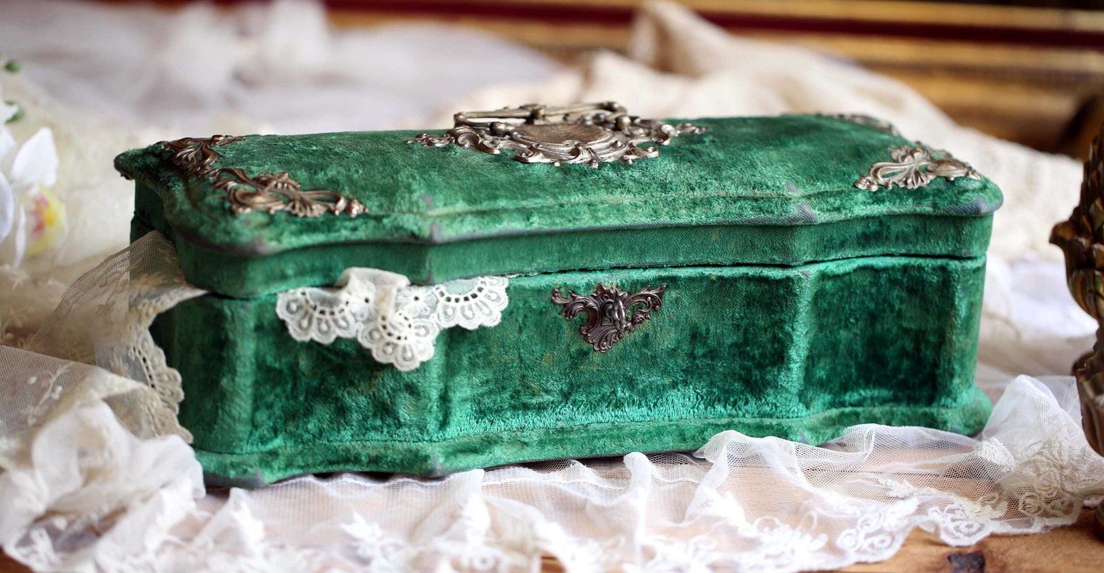 photo for sale Antique French Green Velvet Jewellery Box Rococo Trinket Casket