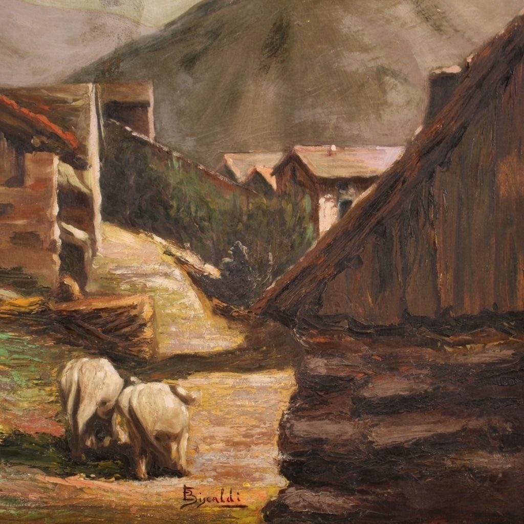 Peinture de paysage bucolique signée, années 1950 photo Art