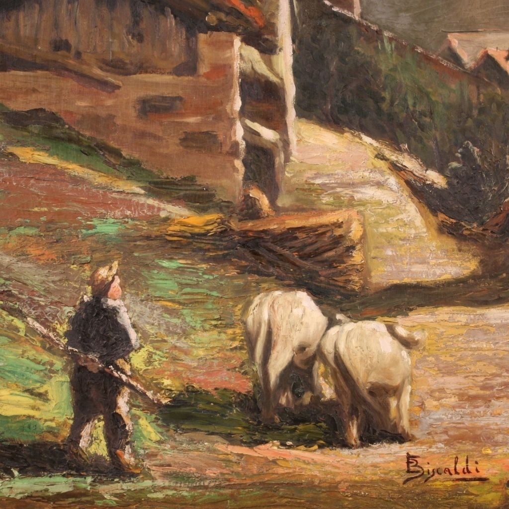 Peinture de paysage bucolique signée, années 1950 photo vintage