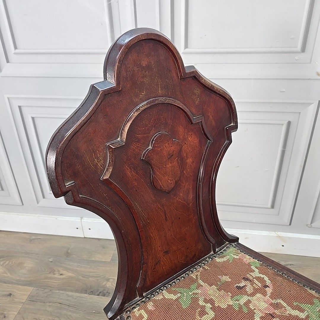 Antique Victorian Hall Chair Carved Walnut Needlepoint Seat Wooden Vintage photo for sale