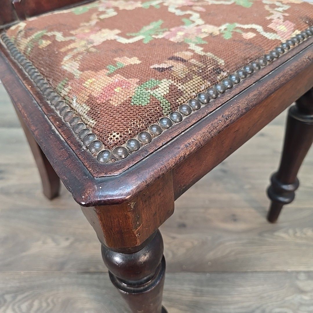 Antique Victorian Hall Chair Carved Walnut Needlepoint Seat Wooden Vintage photo 190.0