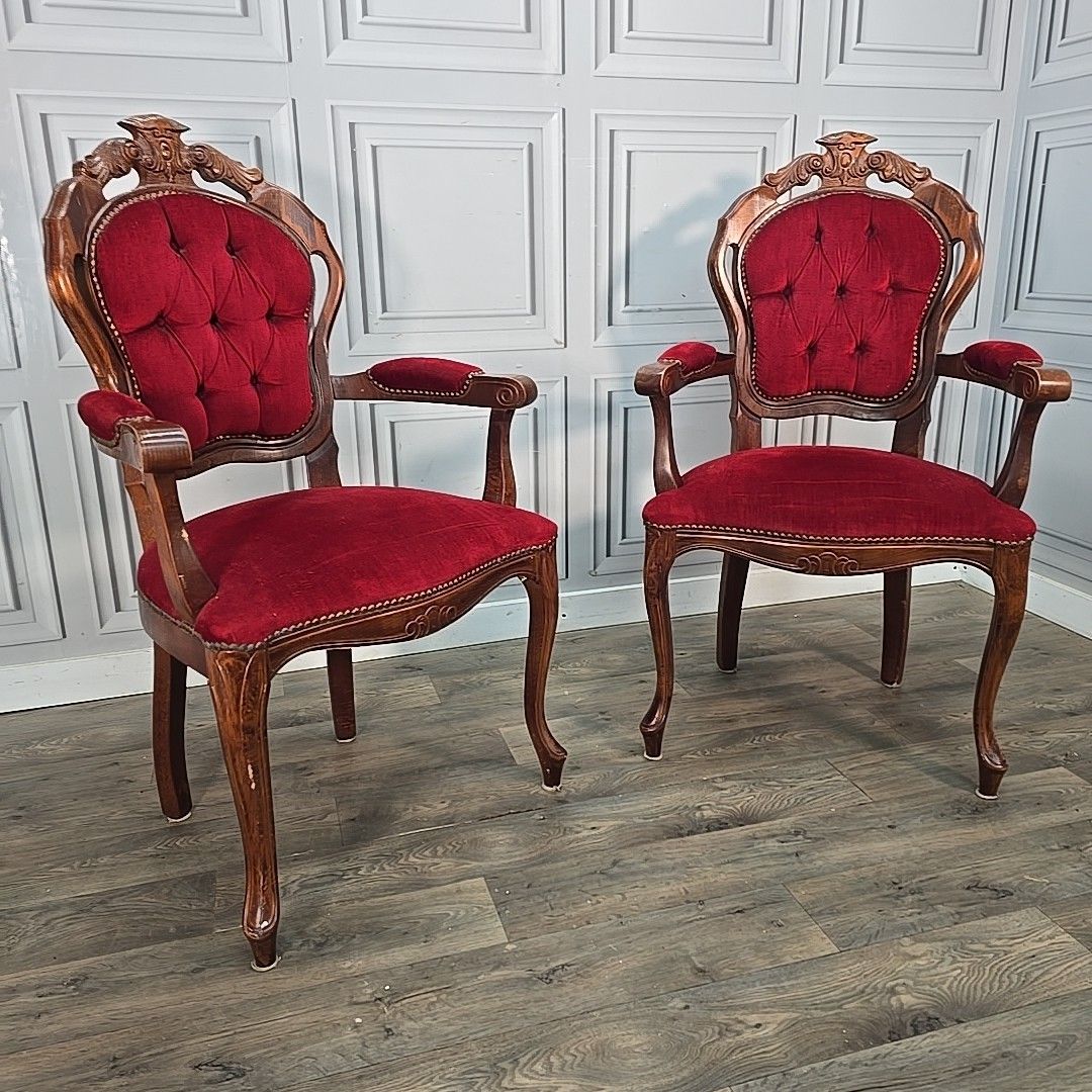 Victorian Style French Armchairs Pair Red Upholstered Carved Wooden Seats Chairs photo furniture
