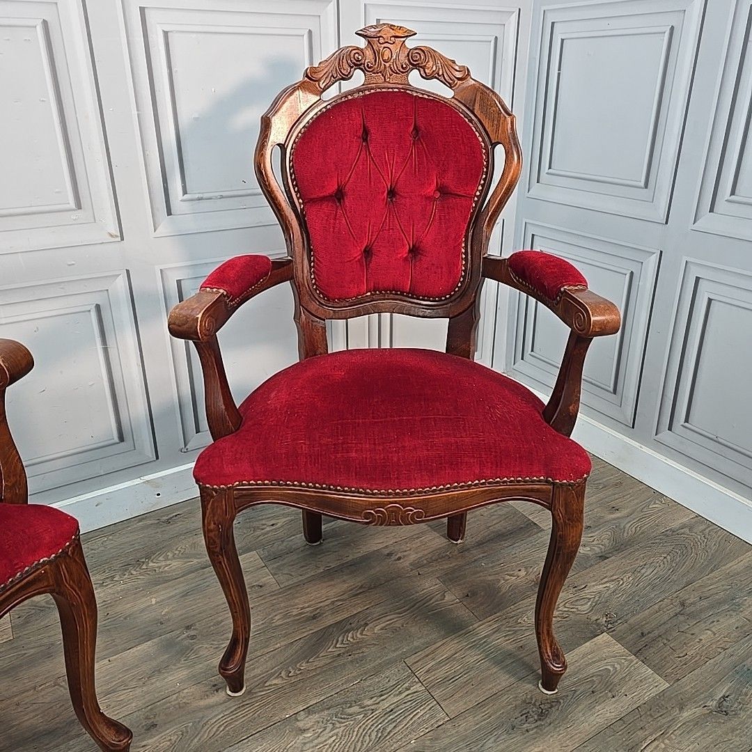 Victorian Style French Armchairs Pair Red Upholstered Carved Wooden Seats Chairs photo Furniture
