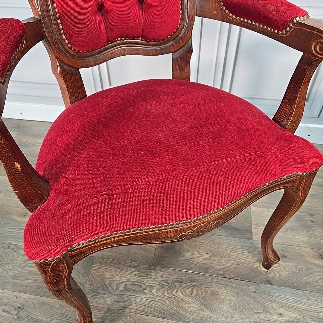 Victorian Style French Armchairs Pair Red Upholstered Carved Wooden Seats Chairs photo buy
