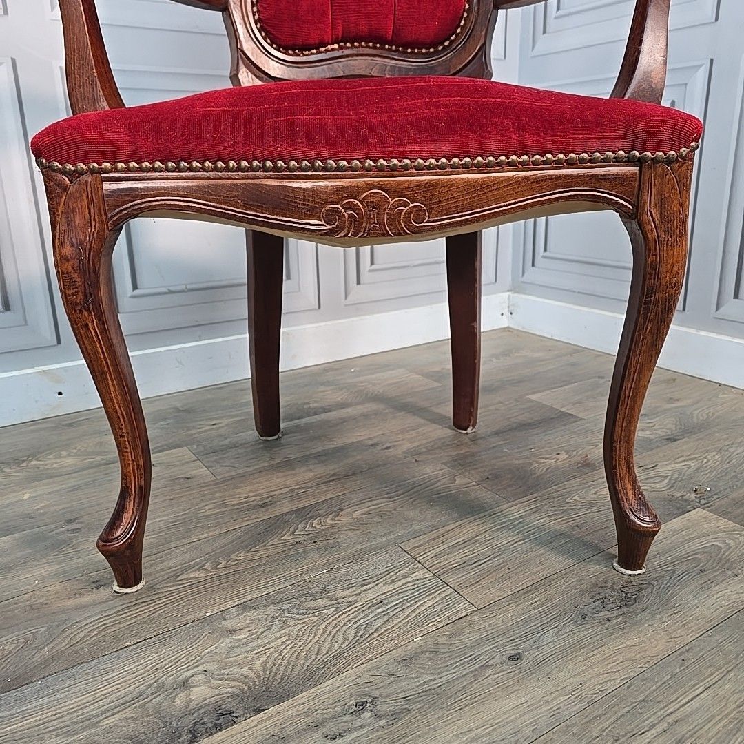 photo for sale Victorian Style French Armchairs Pair Red Upholstered Carved Wooden Seats Chairs