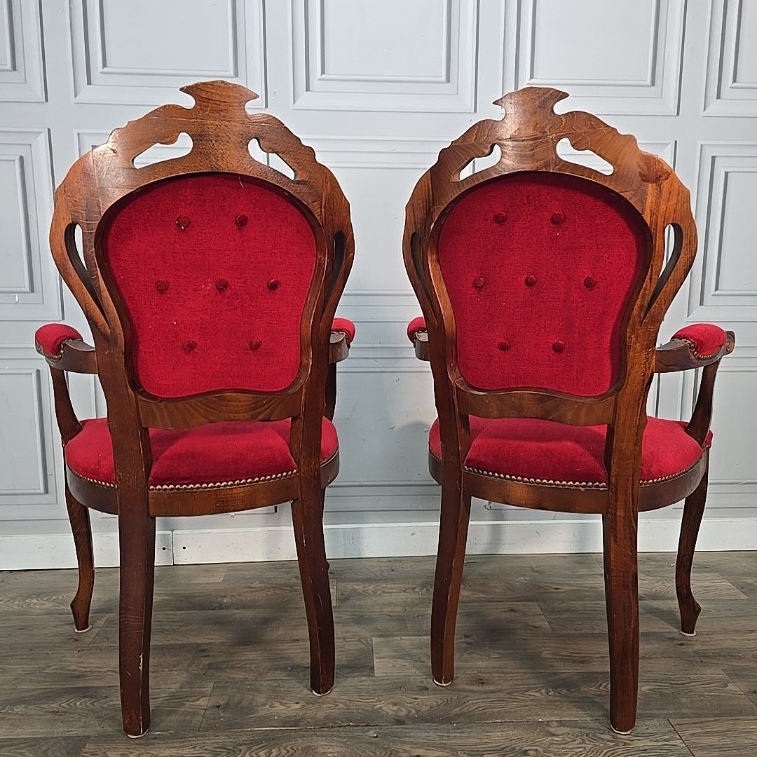 photo vintage Victorian Style French Armchairs Pair Red Upholstered Carved Wooden Seats Chairs