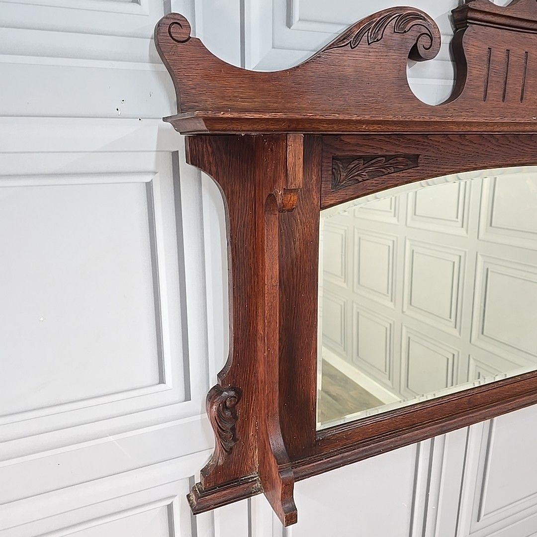 Antique Overmantle Wall Mirror Wooden Oak Arts & Crafts Mantel Carved Large photo for sale